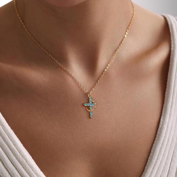 Perfect Gifts Women's Crown M03 Blue Cross Necklace Gold Plated Faith Jewelry - Picture 4 of 9